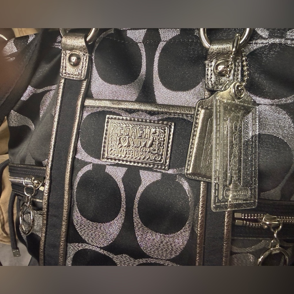 Coach Poppy Black & Silver Metallic Leather & Lurex Tote F14434 NWT - Picture 2 of 6